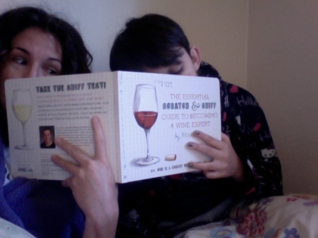 Reading wine books in PJs